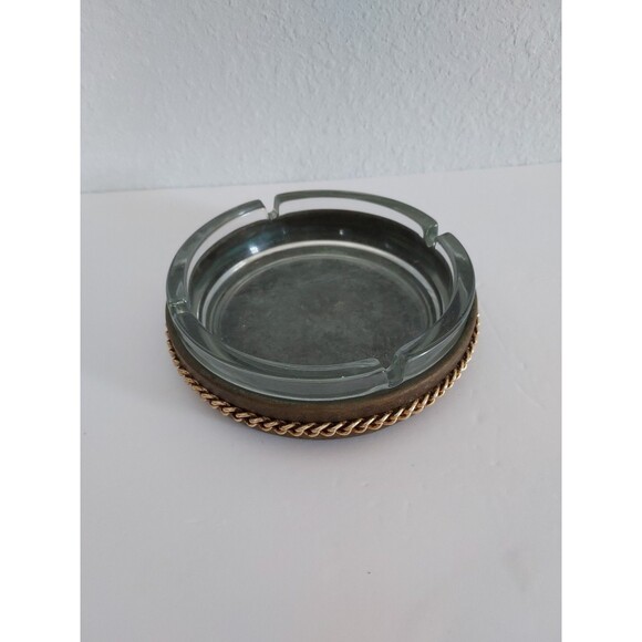 Vintage 2 Piece Glass Ashtray w/ Brass Chain Mid-Century Modern Made in England - Picture 1 of 4